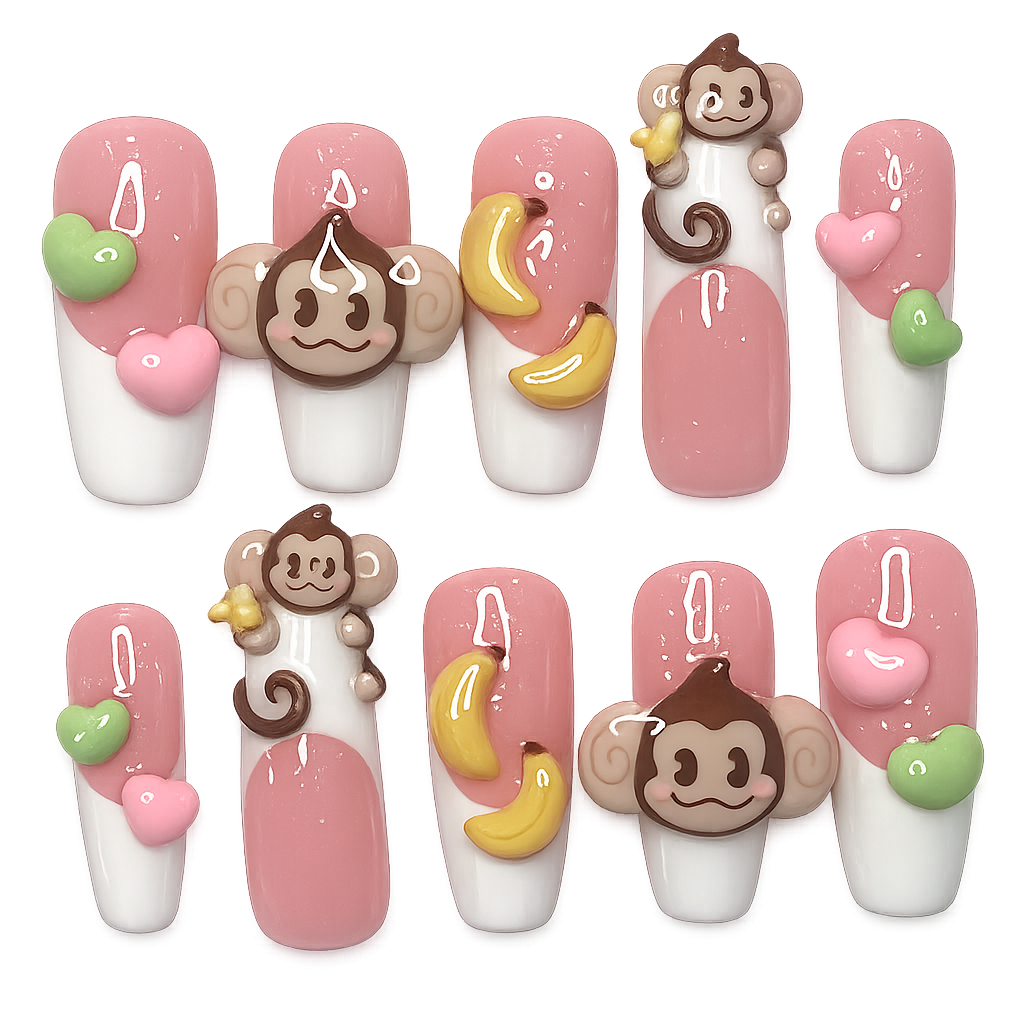 Handmade Monkey Pink Heart Love Press-On Nails
