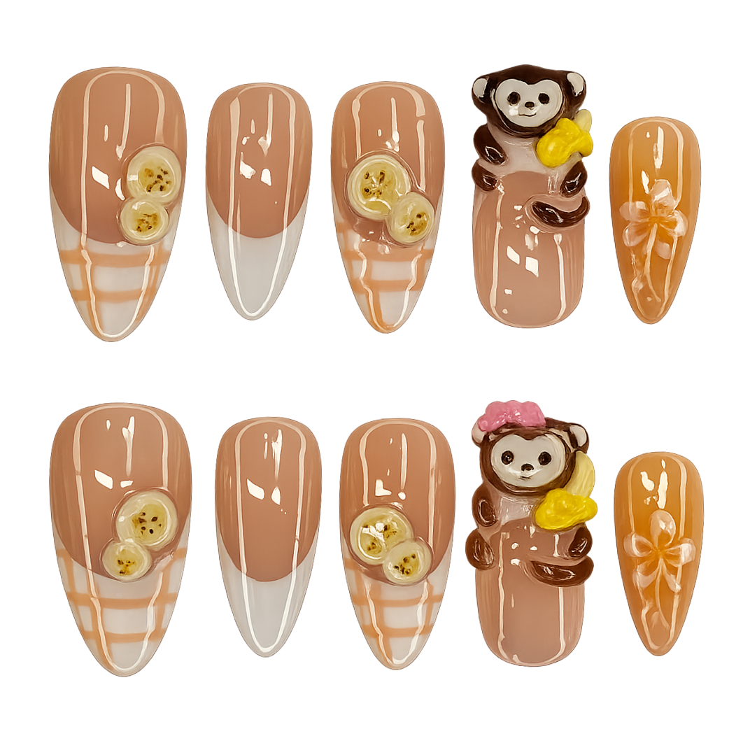 Handmade Monkey & Banana Press-On Nails