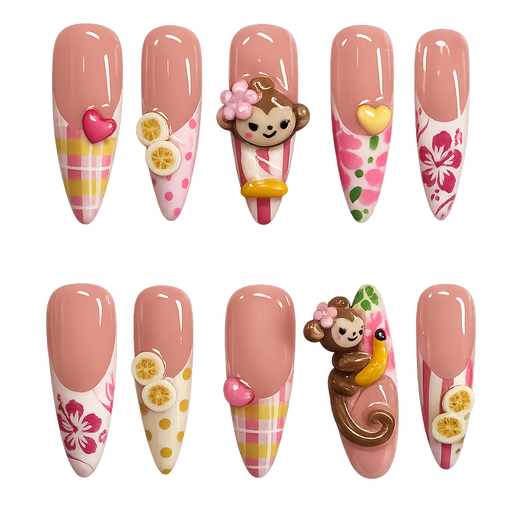 Handmade Pink Paradise Monkey Press-On Nails