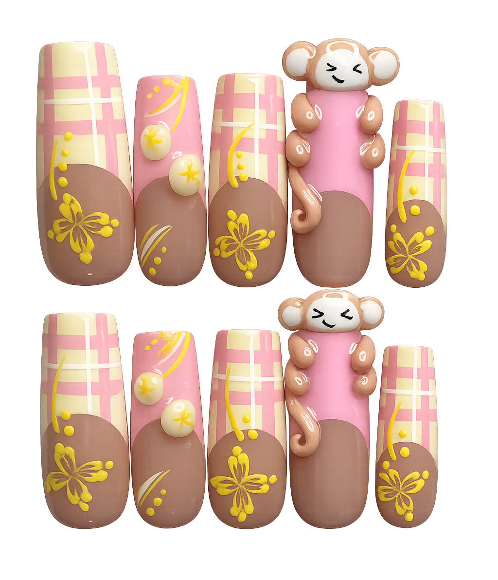 Handmade Pink Picnic Monkey Floral Press-On Nails