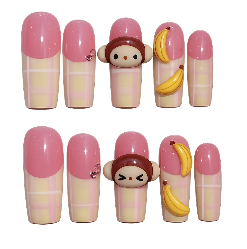 Handmade Pink Banana Monkey Press-On Nails
