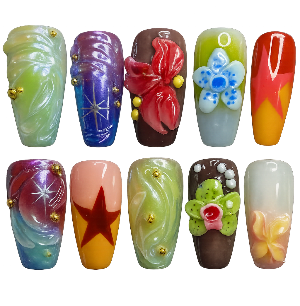 Collection of colorful nail art designs on a white background