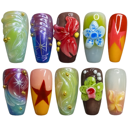 Collection of colorful nail art designs on a white background