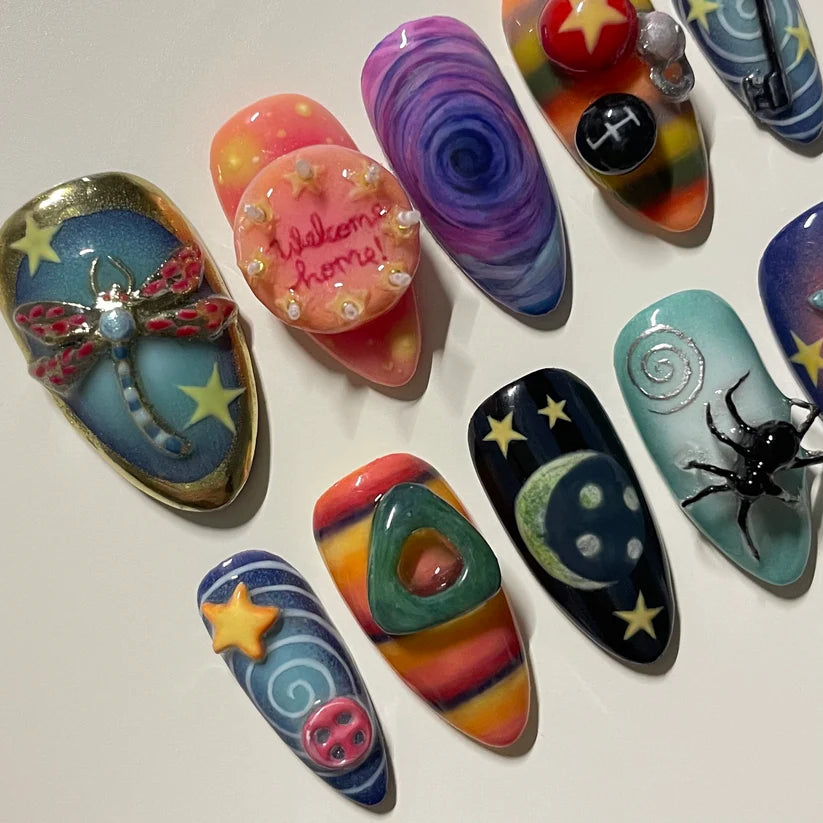 Colorful nail art designs on a white background