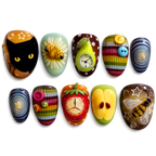 Colorful painted stones with various designs on a white background