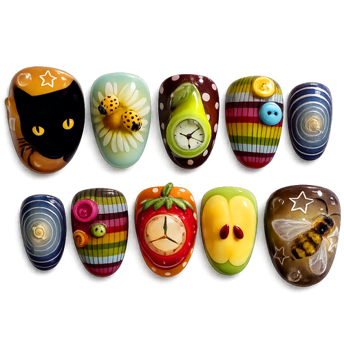 Colorful painted stones with various designs on a white background