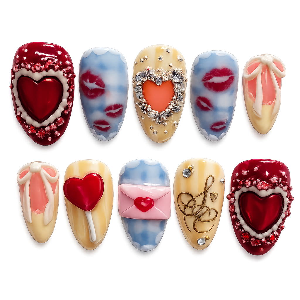 Decorative nail art with hearts and other designs on a white background