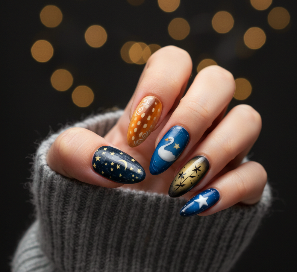 Hand with intricately designed nails against a dark background with bokeh lights