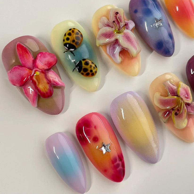 Handmade Ladybug Floral Blossoms Press-On Nails