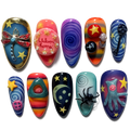 Magical Colorful nail art designs on a white background