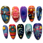 Magical Colorful nail art designs on a white background