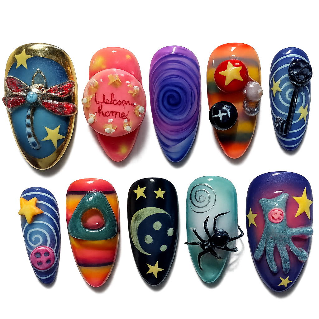 Magical Colorful nail art designs on a white background