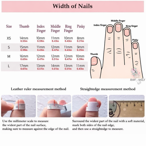 Nail width measurement chart with finger illustration and measurement methods.