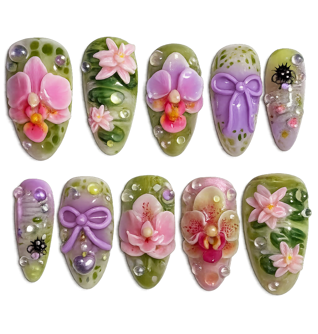 Decorative nail art designs with flowers and bows on a white background