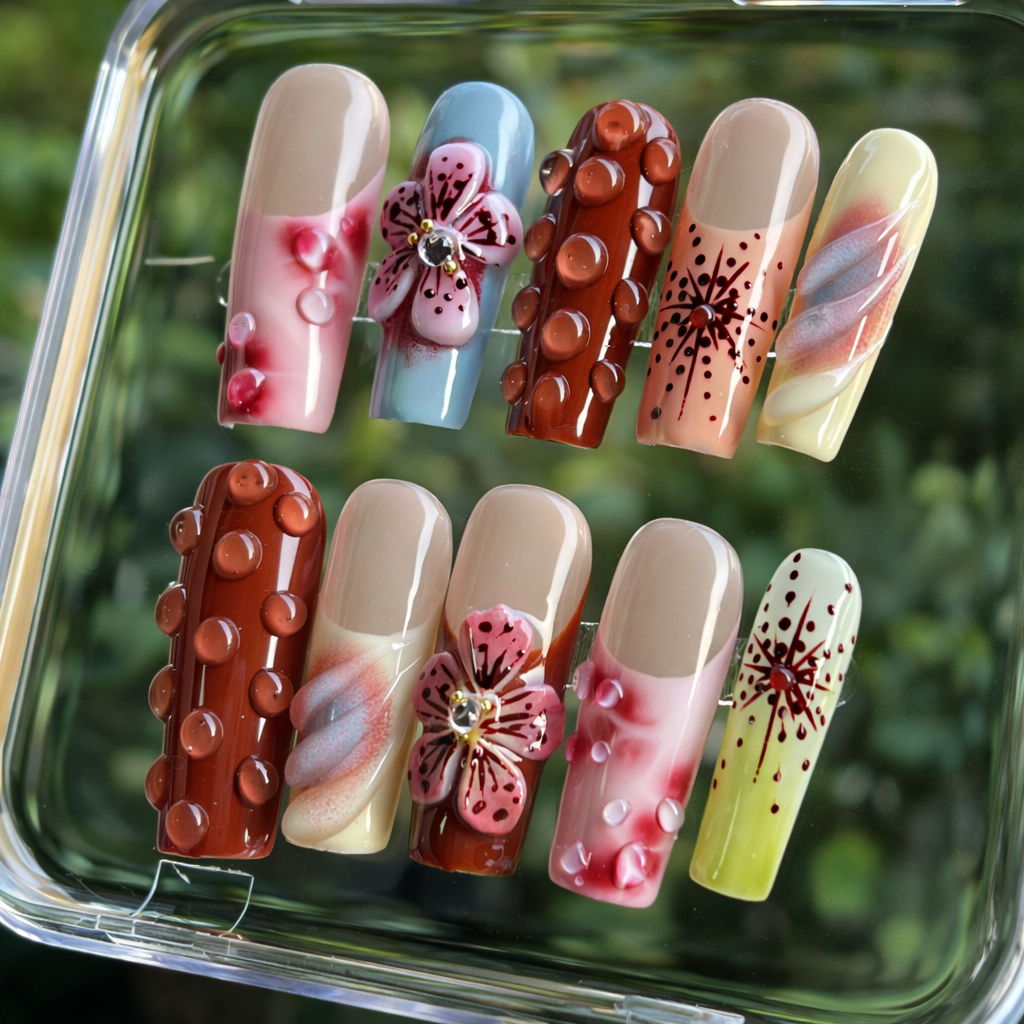 Set of artistic nail designs on a clear stand with a natural background