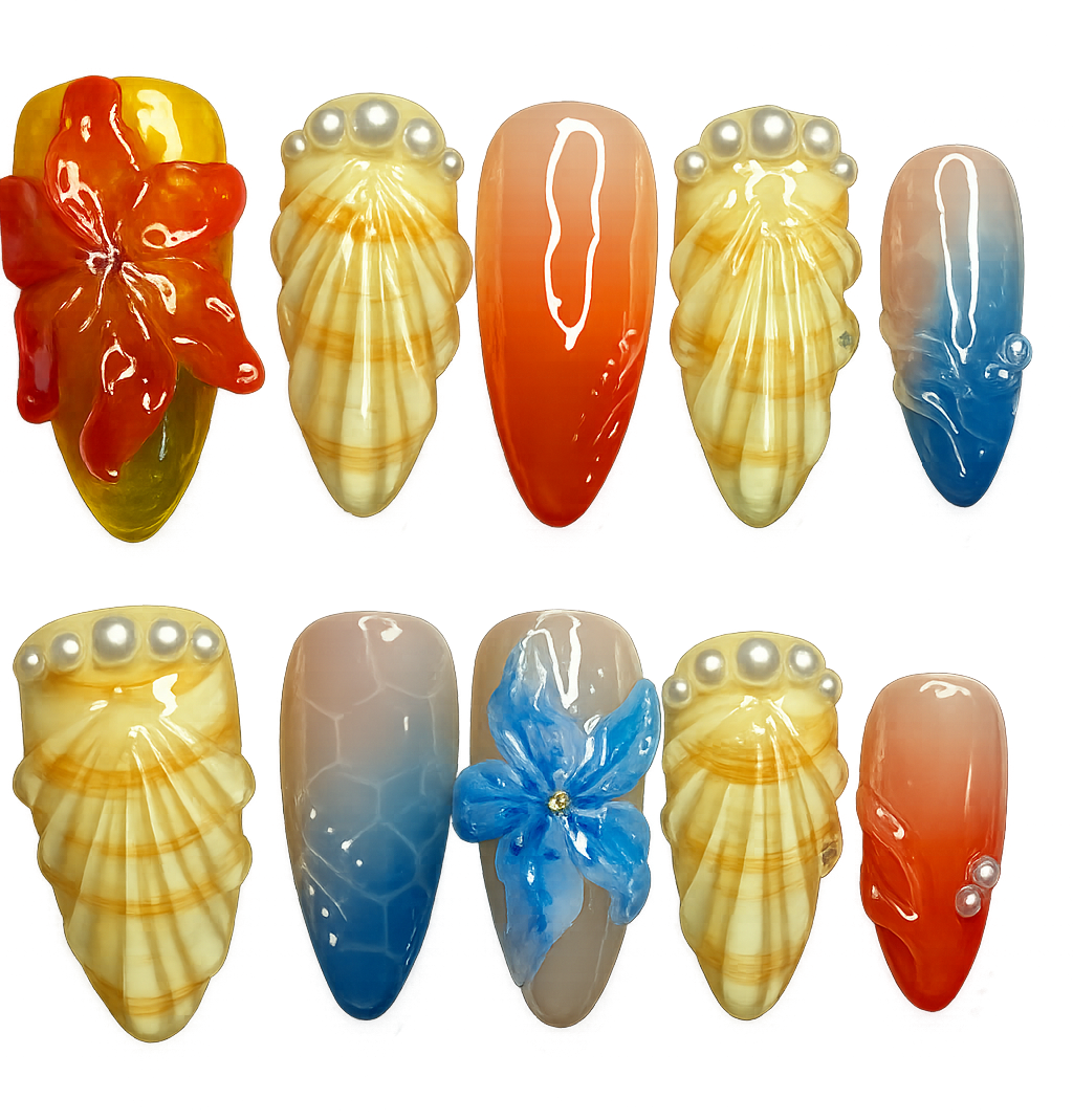 Set of colorful nail art designs including shells, flowers, and pearls on a white background