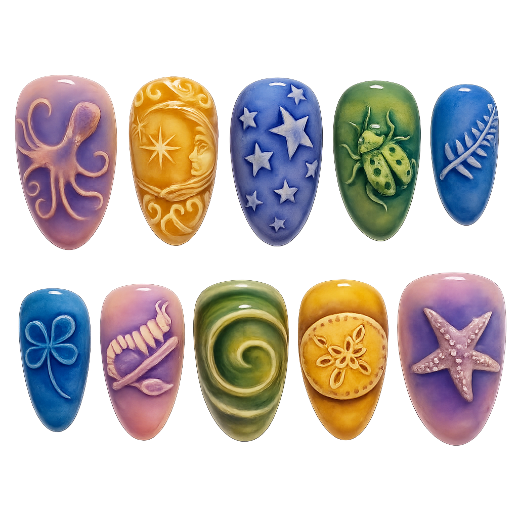 Set of colorful nail art designs on a white background