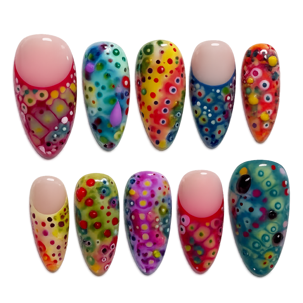 Set of colorful nail art designs on a white background