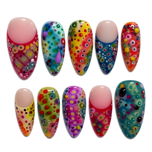 Set of colorful nail art designs on a white background