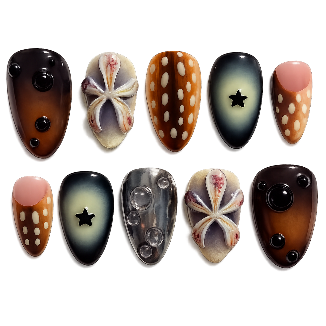 Set of decorative nail art designs on a white background