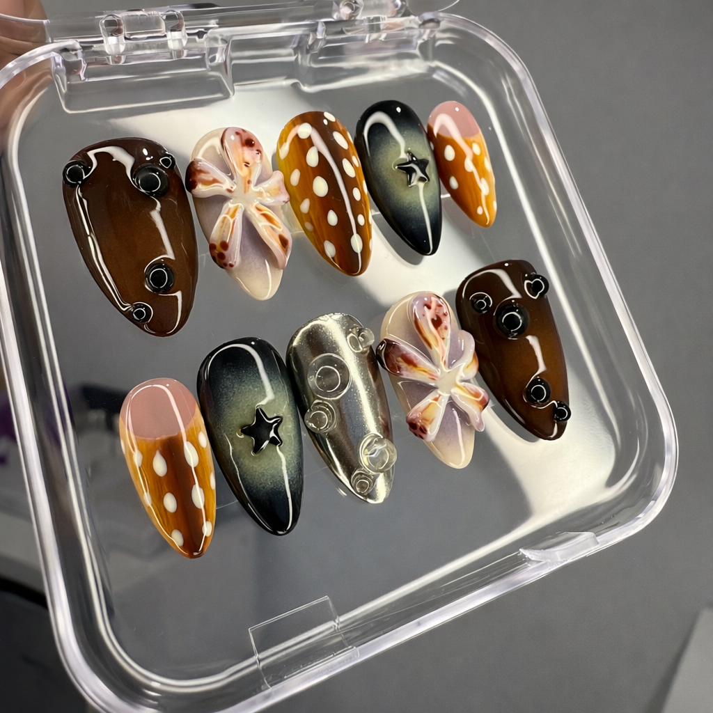 Set of decorative nail art designs in a clear case on a dark background