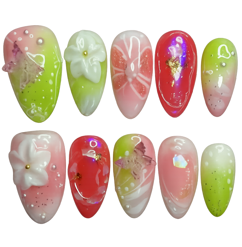Set of decorative nail art with floral designs on a white background