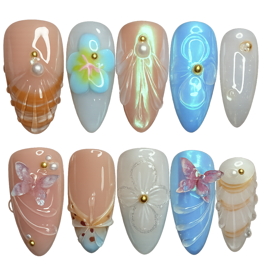 Set of decorative nail art with flowers, butterflies, and pearls on a white background