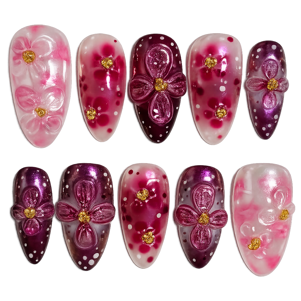 Set of decorative nail art with pink and purple flowers on a white background