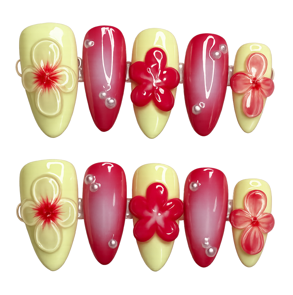 Set of decorative nail art with red and yellow flowers on a white background