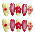 Set of decorative nail art with red and yellow flowers on a white background