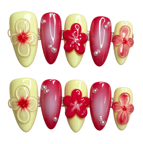 Set of decorative nail art with red and yellow flowers on a white background