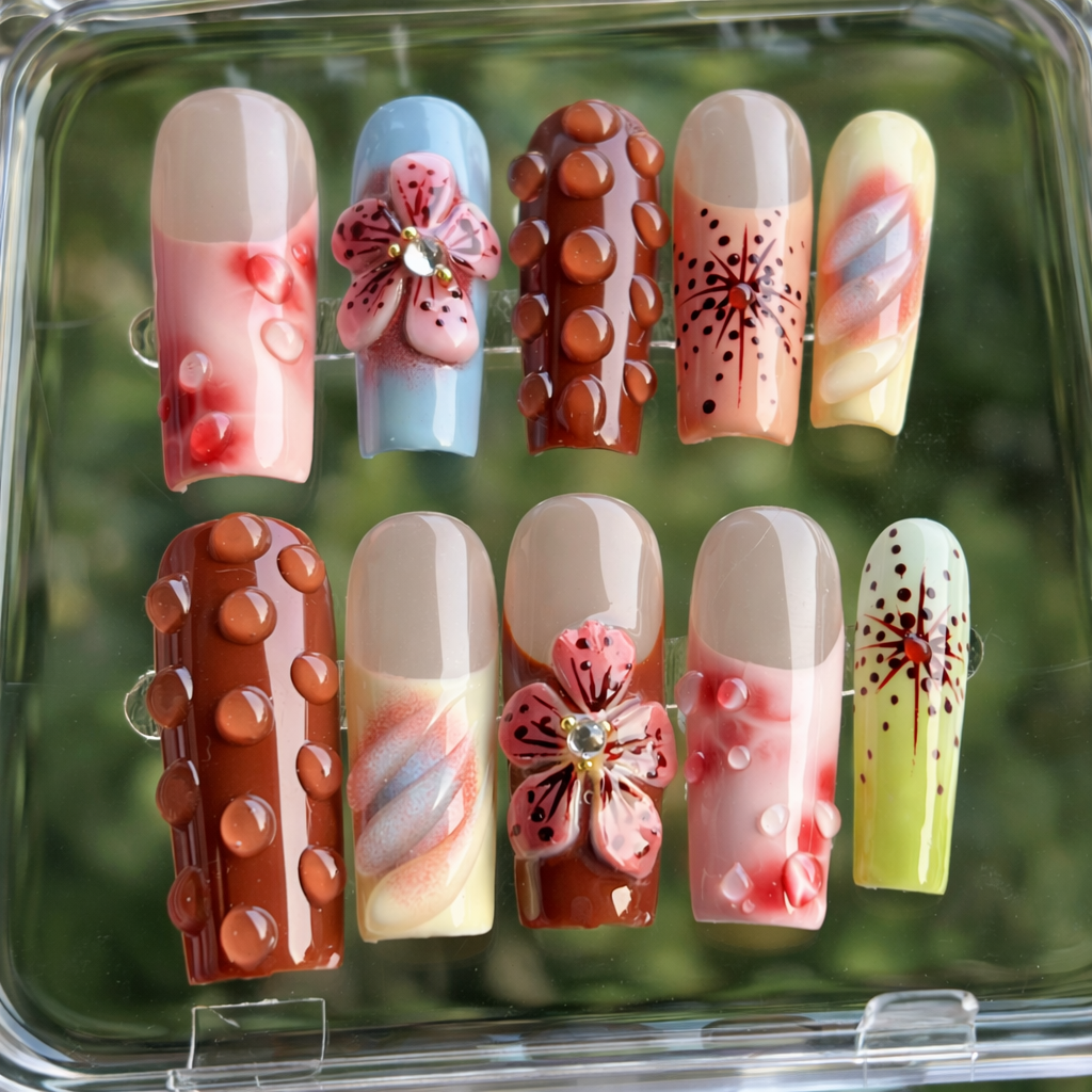 Set of decorative nails with various designs in a clear display case.
