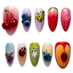 Set of nail art designs featuring fruits and insects on a white background