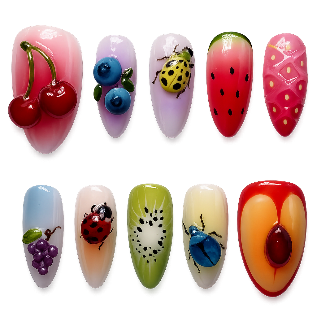 Set of nail art designs featuring fruits and insects on a white background