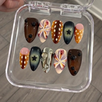 Set of nail art designs in a clear case on a wooden floor background