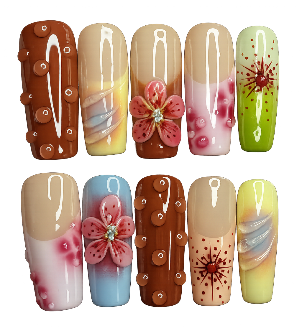Set of nail art designs on a white background