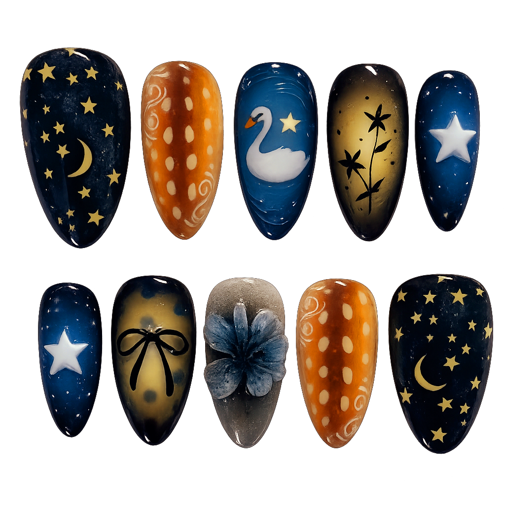 Set of nail art designs with celestial and nature-themed patterns on a white background