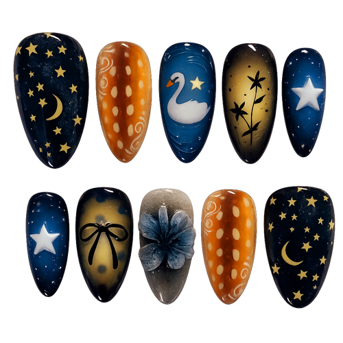 Set of nail art designs with celestial and nature-themed patterns on a white background