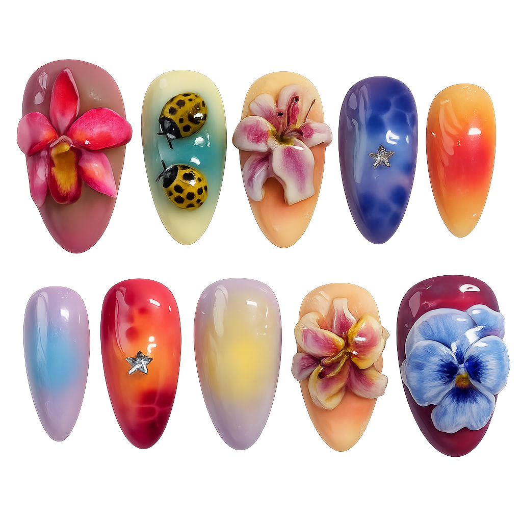 Set of nail art designs with flowers and insects on a white background