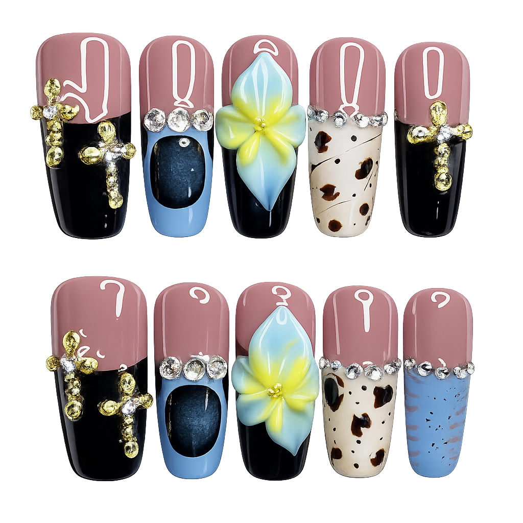 Set of nail art designs with various decorations on a white background