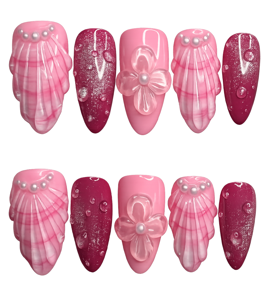 Set of pink and red nail designs with floral and shell decorations on a white background