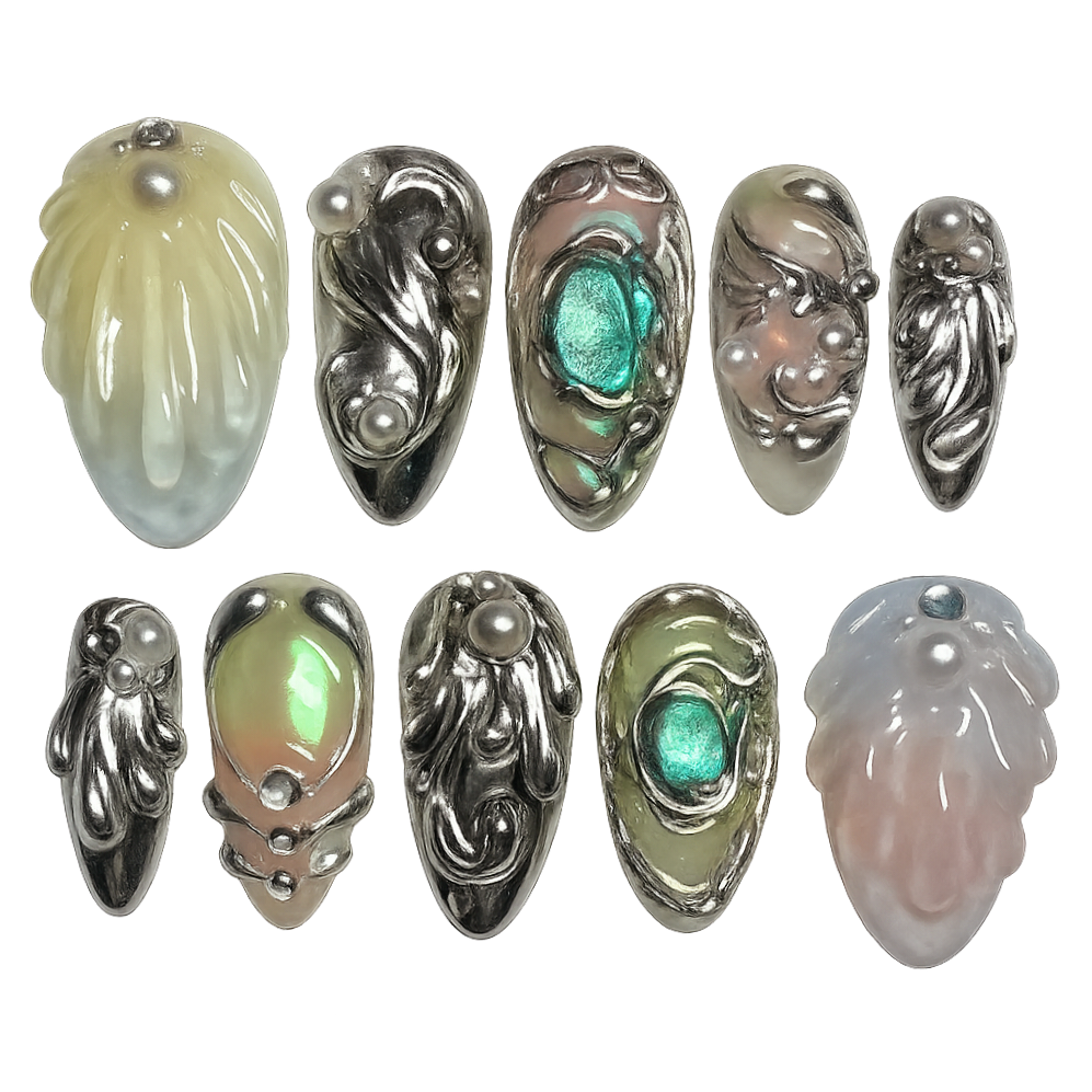 Set of silver and gemstone nails on a white background