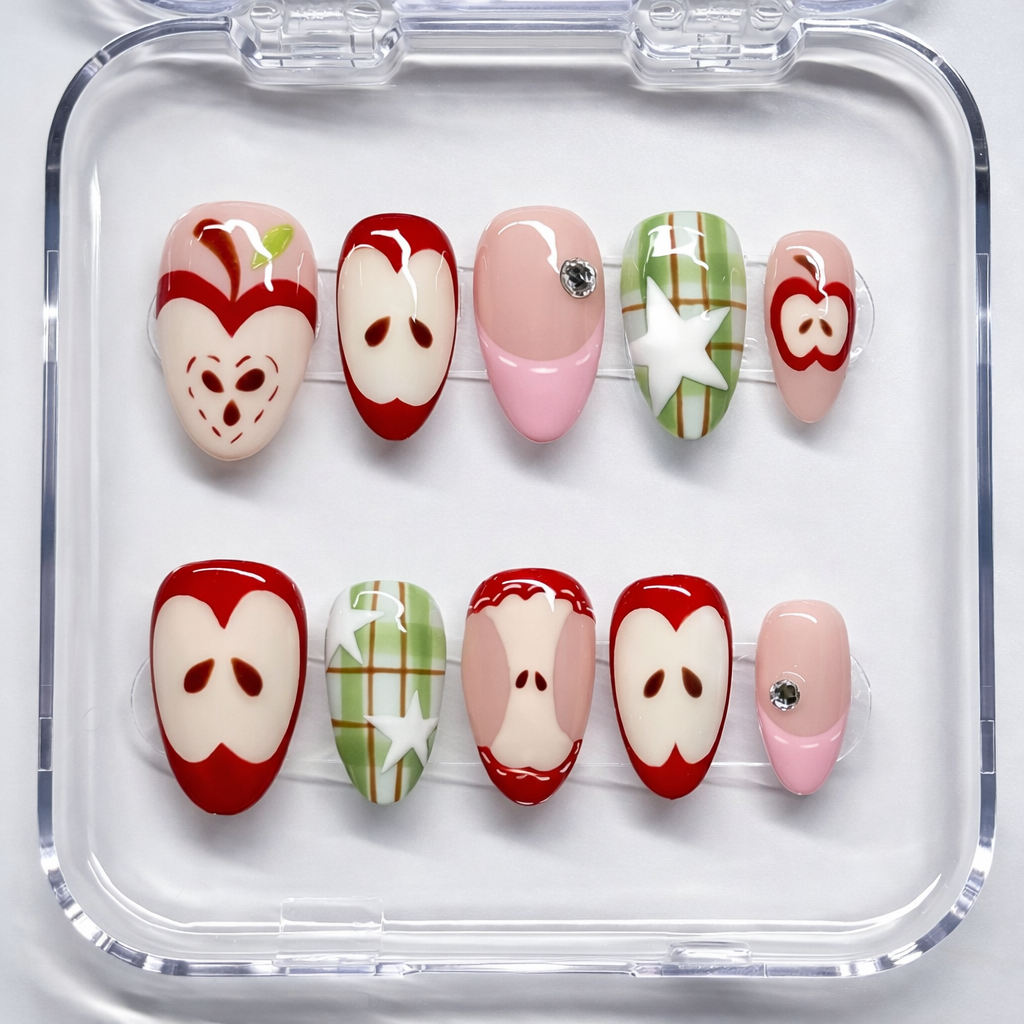 Set of sliced apple nail art designs on clear display with a white background