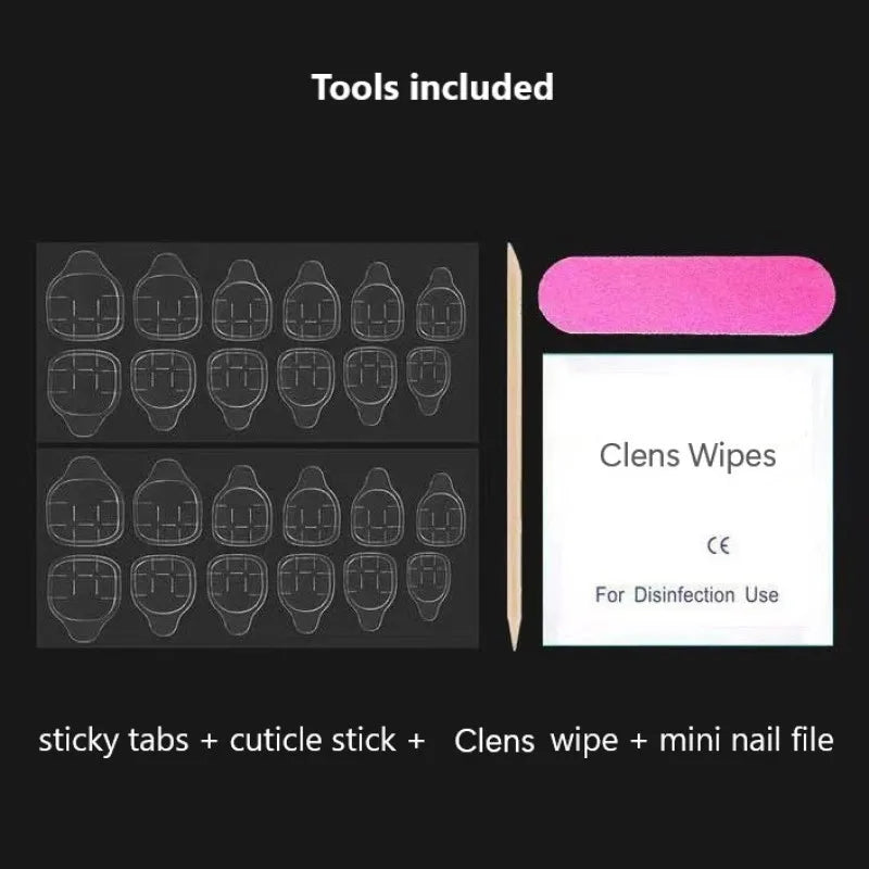 Set of tools including sticky tabs, cuticle stick, cleans wipes, and mini nail file on a black background.