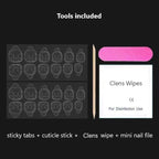 Set of tools including sticky tabs, cuticle stick, cleans wipes, and mini nail file on a black background.