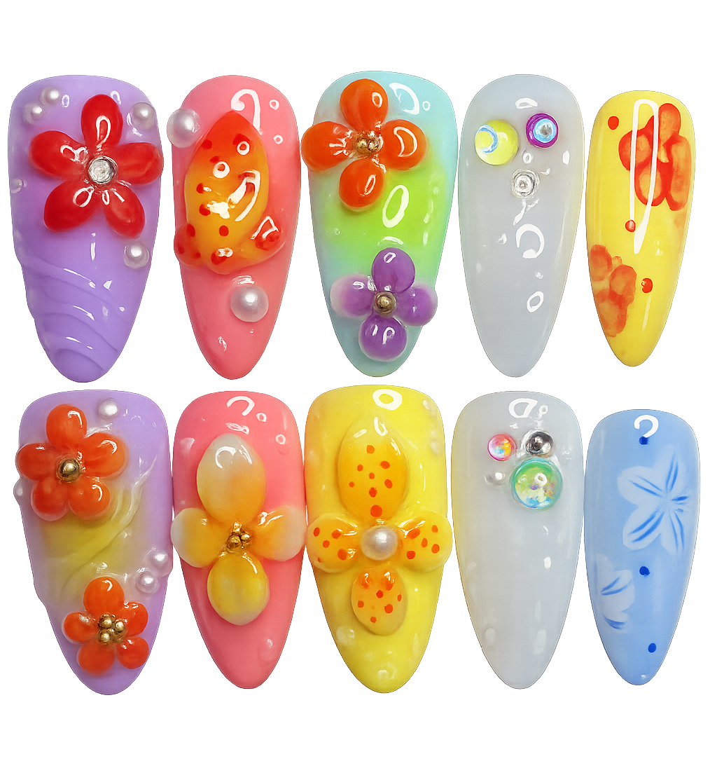 Set of colorful nail art designs on a white background