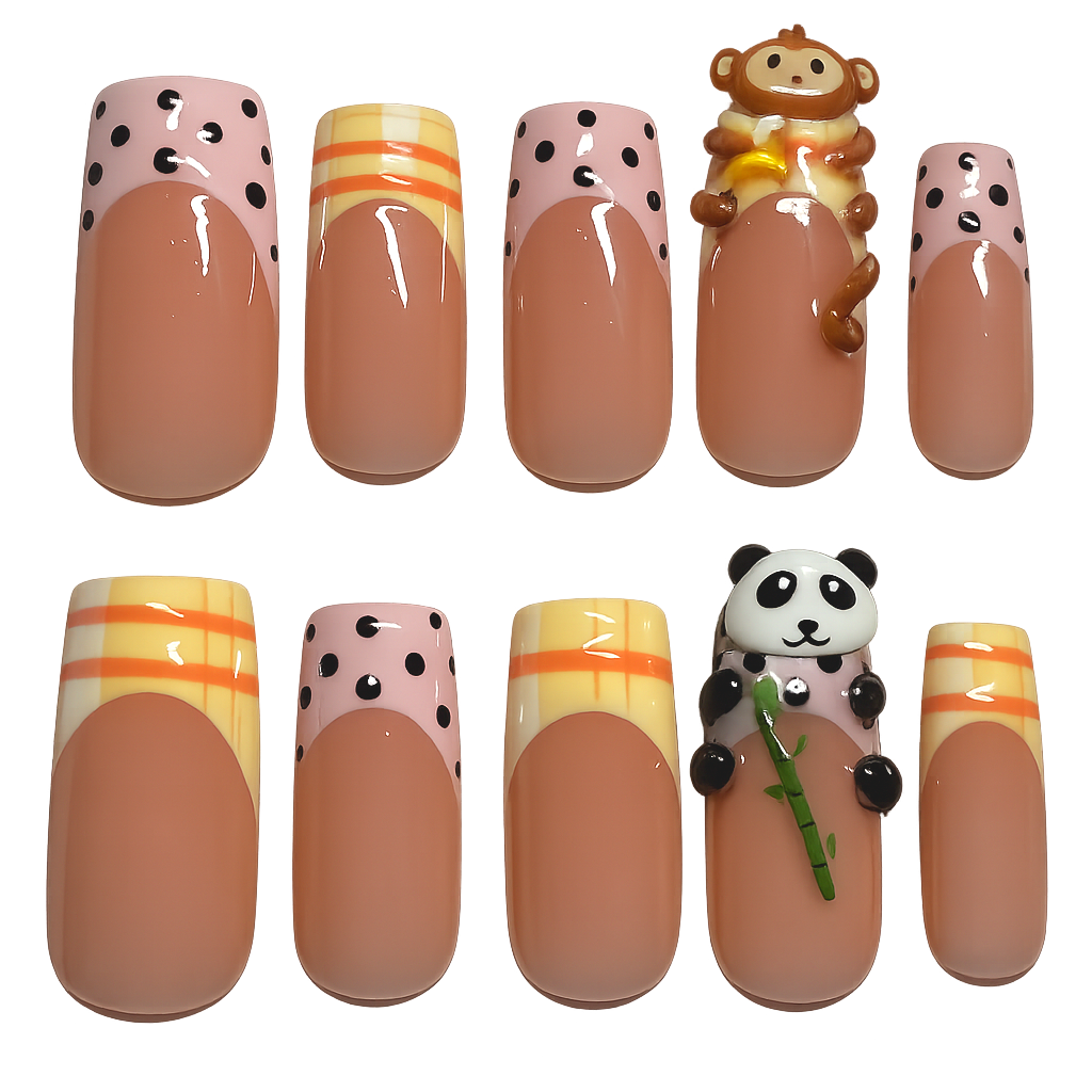 Handmade Panda & Monkey Playdate Press-On Nails