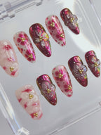 Handmade Velvet Bloom Burgundy & Pink Press-On Nails