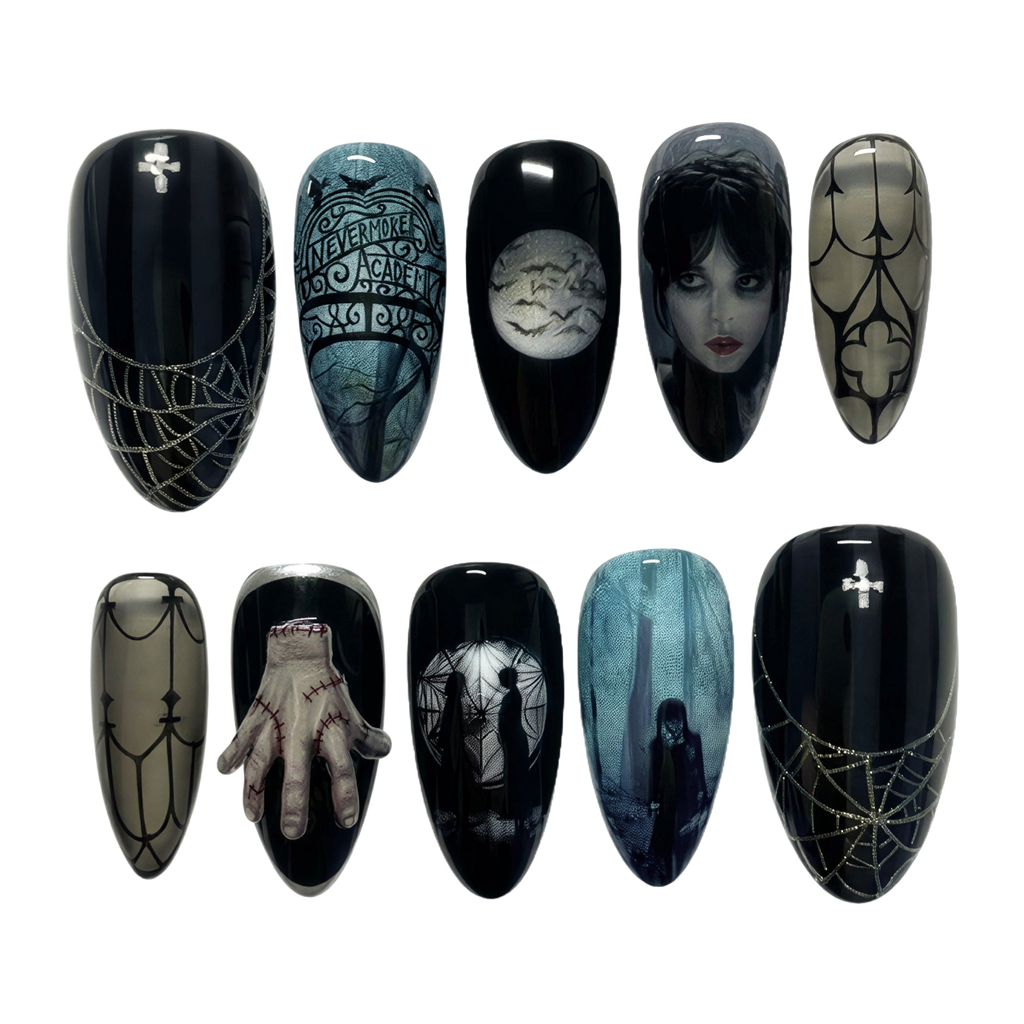 Set of Halloween-themed nail art designs on black and blue backgrounds.
