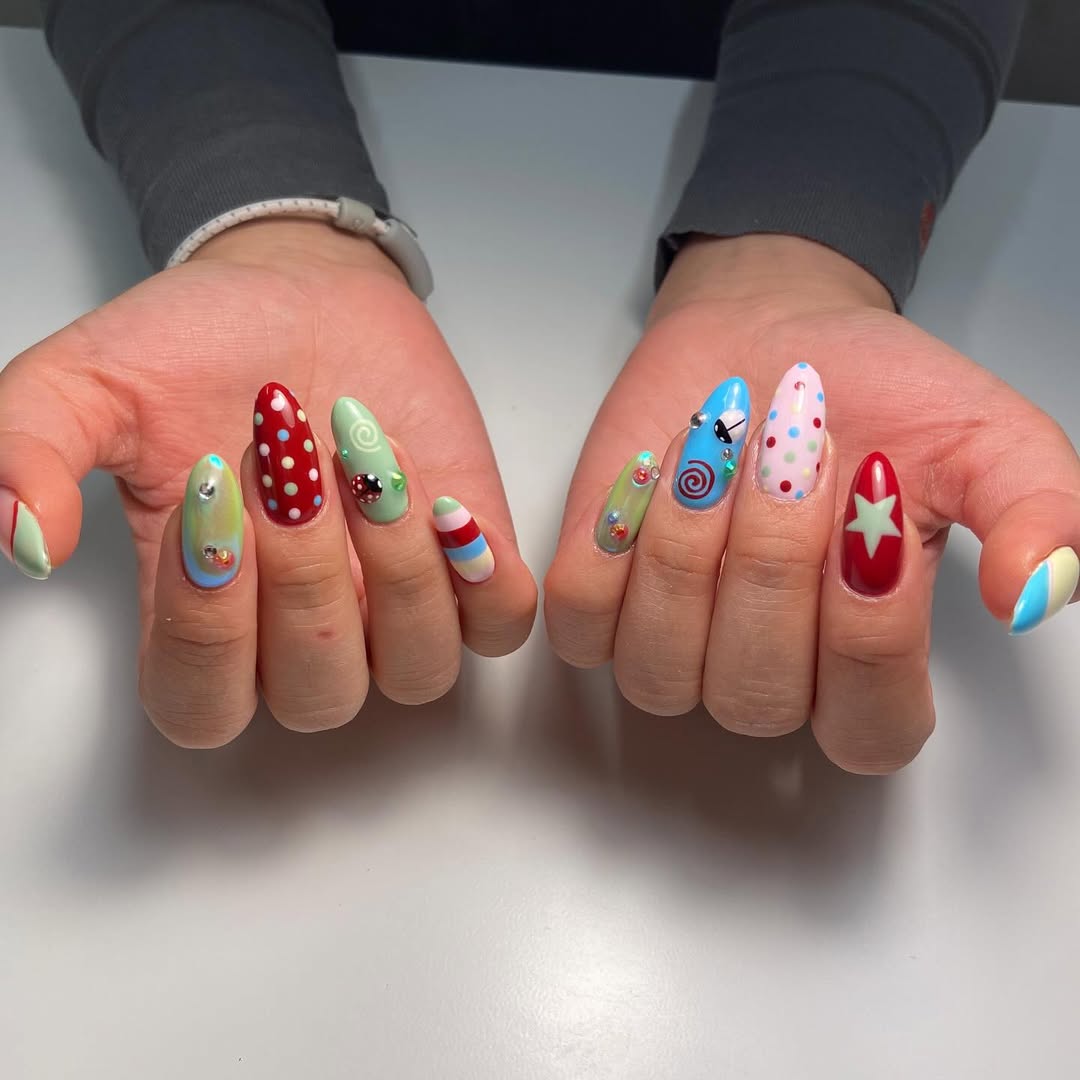 Handmade Ladybug Circus Carnival Press-On Nails